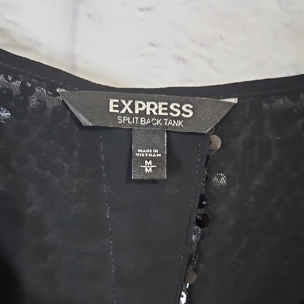 Express Shimmering Black Split Back Sequin Tank T… - image 2